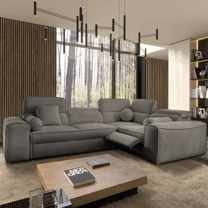 Narożnik z funkcją spania Viano II Lux szary prawostronny designerski narożnik do salonu z komfortowym wysuwanym podnóżkiem