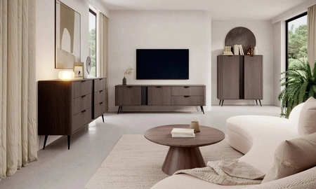 Komoda z szufladami Veris 163 cm dąb dunin / czarny oryginalny design komoda wsparta na wysokich metalowych nogach zaoblony kształt