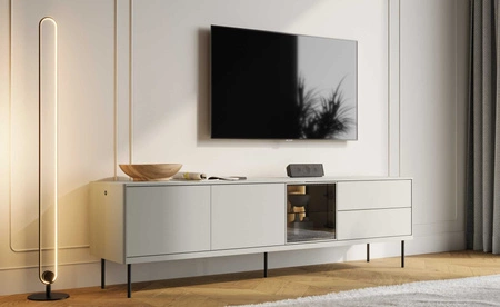 Szafka RTV Epiro 194 cm beżowy / dąb ciemny elegancki design szafki z przeszklonym frontem osadzona na metalowych wysokich nogach