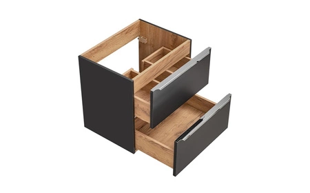 Zestaw mebli łazienkowych Capri czarny / dąb craft złoty funkcjonalne szafki łazienkowe z metalowymi uchwytami krawędziowymi