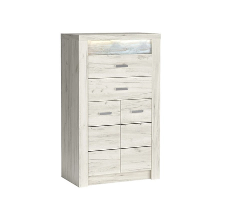 Komoda wysoka Indiana 76 cm kraft biały elegancka stylistyka komody z szufladami ozdobna deska na froncie komody oświetlona LED