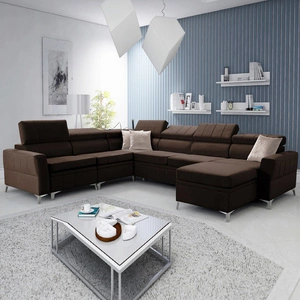 Narożnik z funkcją spania Rava VII brązowy prawostronny praktyczny i nowoczesny narożnik do salonu z regulowanymi zagłówkami