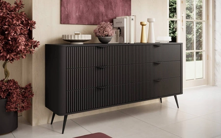 Komoda z szufladami Lante 163 cm czarna elegancki design owalny kształt komody osadzona na wysokich nogach gustowny ryflowany front