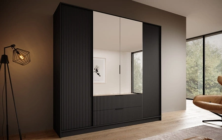 Szafa z lustrem Norel 200 cm czarna stylowa szafa o nowoczesnym designie z ryflowanymi frontami i pojemnymi szufladami