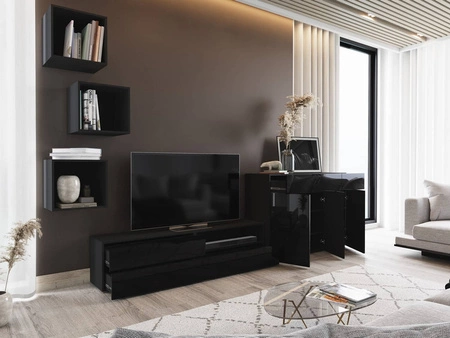 Meblościanka Aridea czarna / czarny połysk minimalistyczny design w nowoczesnej aranżacji uniwersalne i funkcjonalne meble do salonu