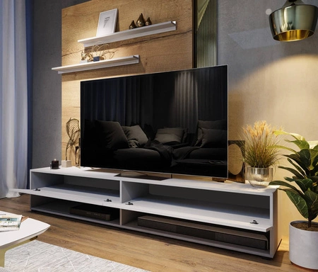 Szafka RTV Nea 180 cm biała / biały połysk z możliwością powieszenia i półkami stylowy design wpisujący się w każde wnętrze