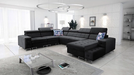Narożnik z funkcją spania Hampton VIII czarny prawostronny nowoczesny design narożnik rozkładany do salonu funkcjonalna dostawka