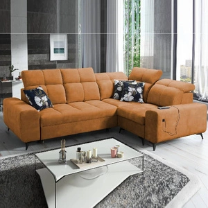 Narożnik z funkcją spania Buffalo II miodowy prawostronny funkcjonalny i stylowy narożnik rozkładany z regulowanymi zagłówkami