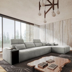 Narożnik z funkcją spania Tesalia XII szary popiel prawostronny nowoczesny design komfortowe przesuwane oparcie szuflada w boczku mebla