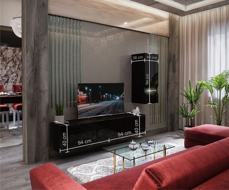 Meblościanka Omega czarny połysk niezwykły design praktyczne rozwiązanie idealne do każdego salonu optycznie powiększa wnętrze