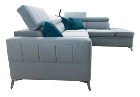 Narożnik z funkcją spania Rava III lazurowy prawostronny velvet komfortowy narożnik z regulowanymi zagłówkami i pojemnikiem na pościel