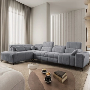 Narożnik z funkcją spania Penejos XI szary lewostronny wygodny narożnik z regulowanymi zagłówkami i dwoma pojemnikami na pościel