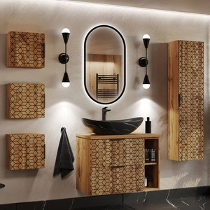 Zestaw mebli łazienkowych Diamond dąb wotan / czarny designerskie szafki do łazienki z nietuzinkowym ryflowaniem w kształcie rombów