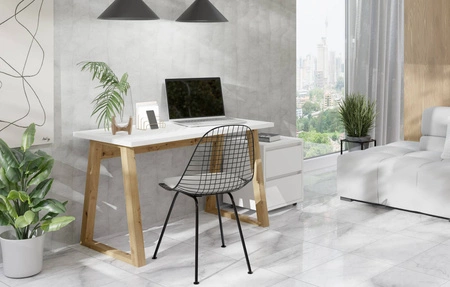 Biurko Figate 130 cm biały / dąb artisan loftowy charakter biurka do domowego biura lub pokoju młodzieżowego designerska podstawa