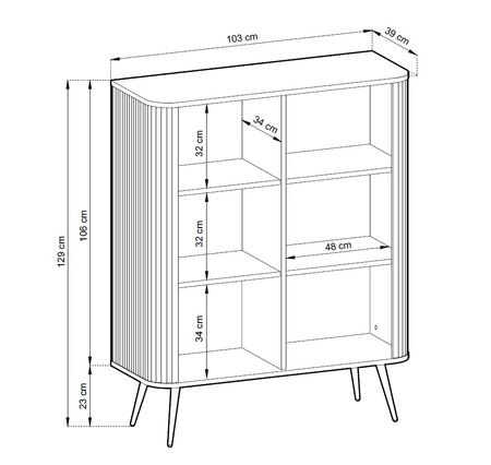 Komoda Zoya 103 cm czarna elegancki design owalny kształt bryły osadzony na złotych metalowych nogach gustowny ryflowany front