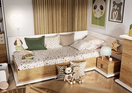 Szafka nocna Simi biały / hikora naturalna prawa stylowa szafka do łóżka dziecięcego szafka z szufladą i dodatkową półką