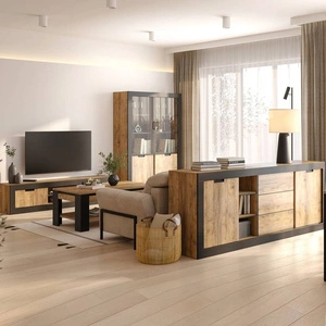 Zestaw mebli do salonu Tudor dąb samdal / czarny stylowe meble o ciekawym designie z drzwiami przesuwnymi meblościanka do salonu