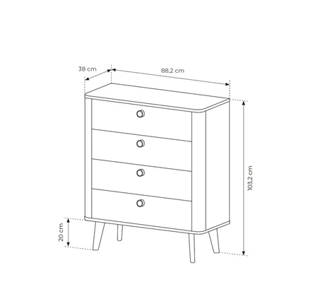 Komoda z szufladami Viki 88 cm dąb barista oryginalny design komoda wsparta na wysokich drewnianych nogach zaoblony kształt