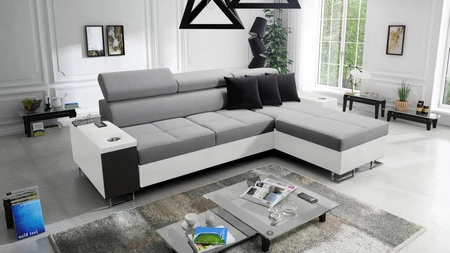 Narożnik z funkcją spania Dafni szaro biały prawostronny pleciony komfort i funkcjonalność podczas codziennego wypoczynku