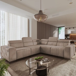 Narożnik z funkcją spania Castel III jasny brąz lewostronny narożnik z dwoma pojemnikami na pościel regulowane zagłówki