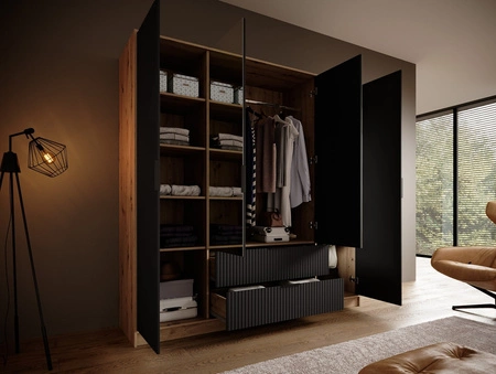 Szafa z lustrem Norel 200 cm dąb artisan / czarny stylowa szafa o nowoczesnym designie z ryflowanymi frontami i pojemnymi szufladami