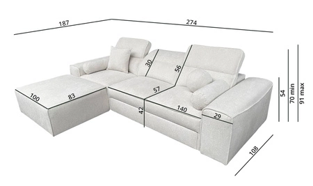 Narożnik z funkcją spania Viano jasny brąz lewostronny stylowy narożnik o ciekawym kształcie regulowane zagłówki ozdobne poduszki