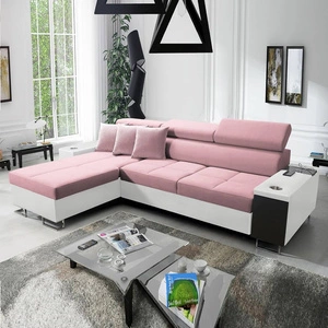 Narożnik z funkcją spania Dafni indyjski róż / biały lewostronny velvet komfort i funkcjonalność podczas codziennego wypoczynku