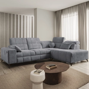 Narożnik z funkcją spania Penejos VII szary prawostronny stylowy narożnik z pojemnikiem na pościel wygodne regulowane zagłówki