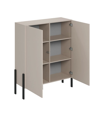 Komoda wysoka Jukon 114 cm beżowa wyjątkowy subtelny design doskonała komoda do salonu sypialni lub biura system push to open czarne nogi