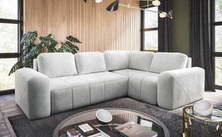 Narożnik z funkcją spania Bovec II ecru prawostronny komfortowy narożnik rozkładany o stylowym charakterze pojemnik na pościel