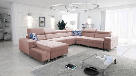 Narożnik z funkcją spania Hampton VIII kwarcowy róż lewostronny nowoczesny design narożnik rozkładany do salonu funkcjonalna dostawka