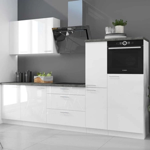 Zestaw mebli kuchennych Lumia 270 cm białe fronty w połysku nietuzinkowy styl szafek dopasuje się do wnętrza każdej kuchni