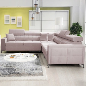 Narożnik z funkcją spania Nausa IV pudrowy róż prawostronny velvet dekoracyjne przeszycia na siedzisku narożnik z pojemnikami na pościel