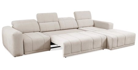 Narożnik z funkcją spania Cetara XII błękitny prawostronny stylowy design komfortowe przesuwane oparcia dwa pojemniki na pościel