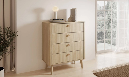 Komoda z szufladami Viki 88 cm dąb barista oryginalny design komoda wsparta na wysokich drewnianych nogach zaoblony kształt