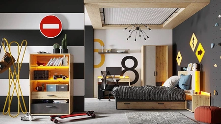 Szafa Qubic 90 cm dąb artisan / raw steel / silk flou nowoczesna szafa do pokoju młodzieżowego oryginalne połączenie kolorystyczne