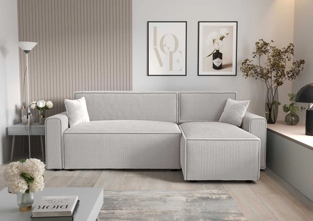 Narożnik z funkcją spania Brandon Bis kość słoniowa prawostronny trójwymiarowa tkanina o wyrazistych prążkach pojemnik na pościel