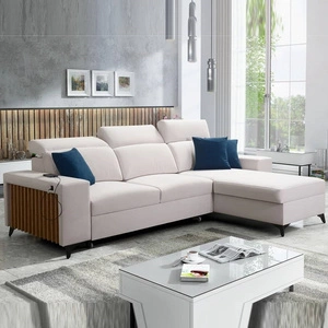 Narożnik z funkcją spania Kelly kość słoniowa prawostronny velvet komfort i funkcjonalność bok narożnika wykończony lamelami