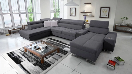 Narożnik z funkcją spania Dafni V grafitowy prawostronny pleciony wygodny i komfortowy narożnik z regulowanymi zagłówkami