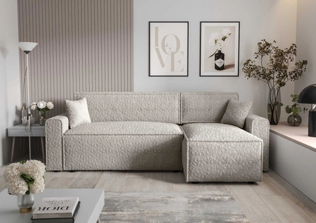 Narożnik z funkcją spania Brandon Bis kremowy prawostronny miękka tkanina o charakterystycznej pętelkowej powierzchni pojemnik na pościel