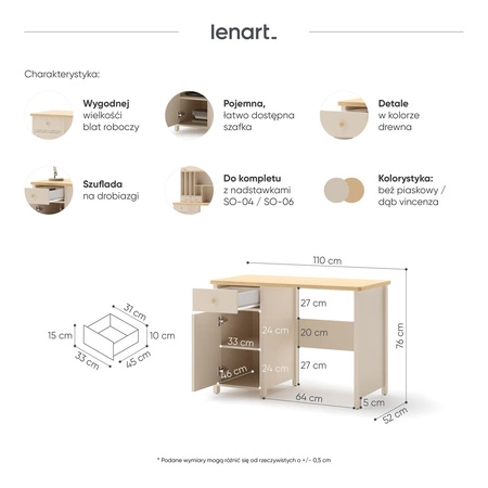 Biurko Story 110 cm beżowy / dąb vincenza bielona modne biurko z szufladą do pokoju młodzieżowego ergonomiczny mebel z obszernym blatem