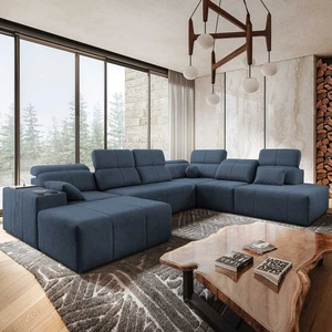 Narożnik z funkcją spania Tesalia X niebieski lewostronny nowoczesny i komfortowy narożnik z innowacyjną funkcją przesuwanego oparcia