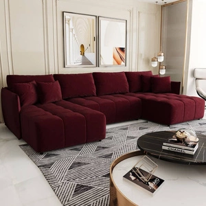 Narożnik z funkcją spania Oroso U bordowy pojemnik na pościel miękka tkanina typu velvet z powłoką hydrofobową ozdobne pikowania