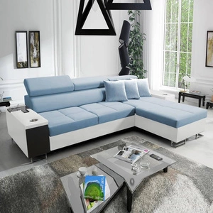 Narożnik z funkcją spania Dafni błękitno biały prawostronny velvet komfort i funkcjonalność podczas codziennego wypoczynku