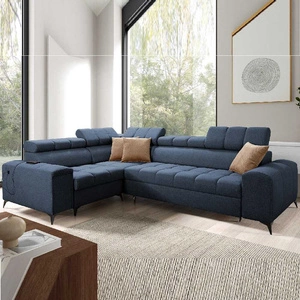 Narożnik z funkcją spania Bolmso II niebieski lewostronny narożnik z pojemnikiem na pościel szuflada z pełnym wysuwem w boczku mebla