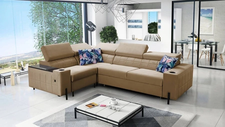 Narożnik z funkcją spania Belvi II ciemny beżowy lewostronny elegancki i ergonomiczny narożnik do salonu praktyczny schowek w boczku