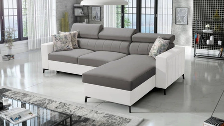 Narożnik z funkcją spania Savona szary / biały prawostronny elegancki narożnik z regulowanymi zagłówkami dekoracyjne przeszycia 