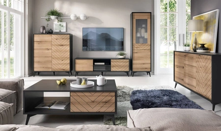 Komoda z szufladami Gusto 154 cm czarna / dąb evoke nowoczesny design mebla drzwi komody ozdobione dekorem jodełki