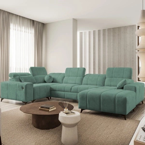 Narożnik z funkcją spania Penejos IV zielony prawostronny stylowy narożnik rozkładany z dwoma pojemnikami na pościel trwała tkanina