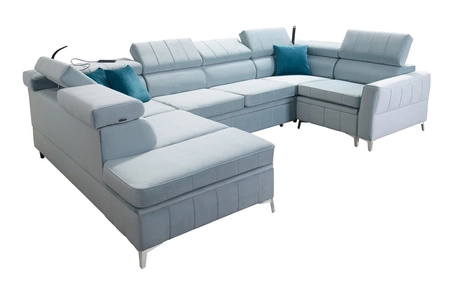 Narożnik z funkcją spania Rava V błękitny lewostronny komfortowy narożnik z pojemnikami na pościel oraz wielofunkcyjną lampką